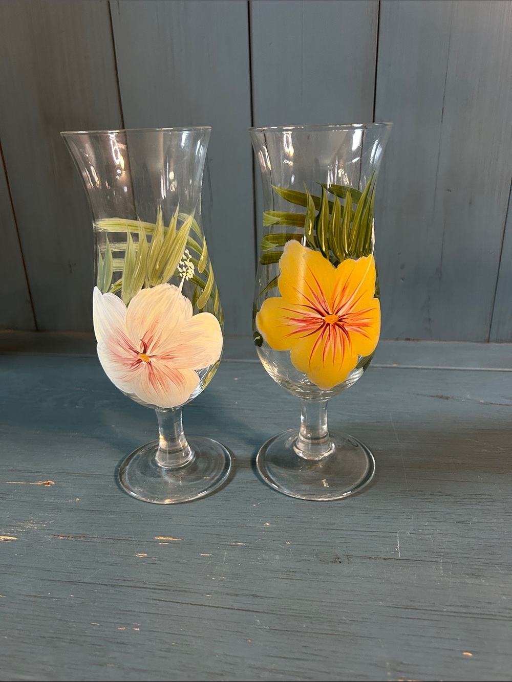 Ambiance Hand-Painted Floral Yellow and White Stemmed Cocktail Glasses - 2 Set